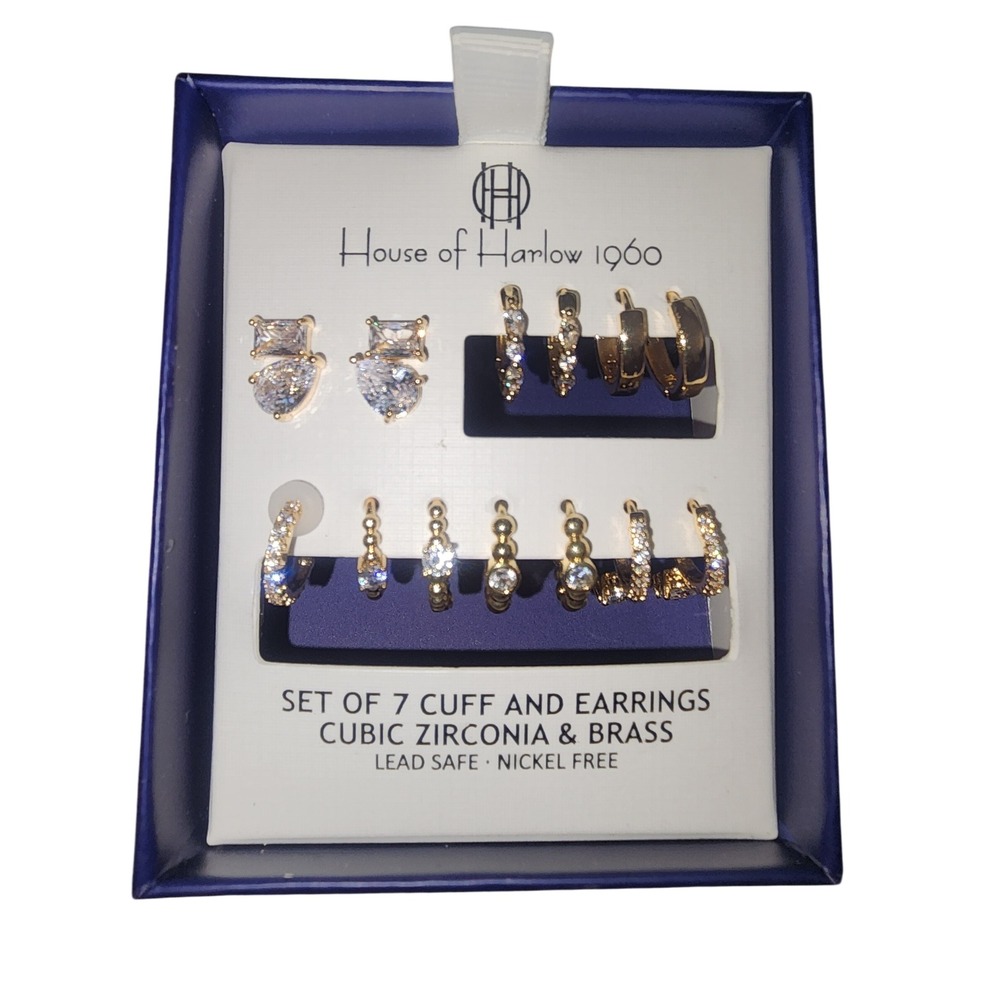 House of Harlow 1960 Set of 7 Cuff and Earrings Cubic Zirconia Brass Gold Tone